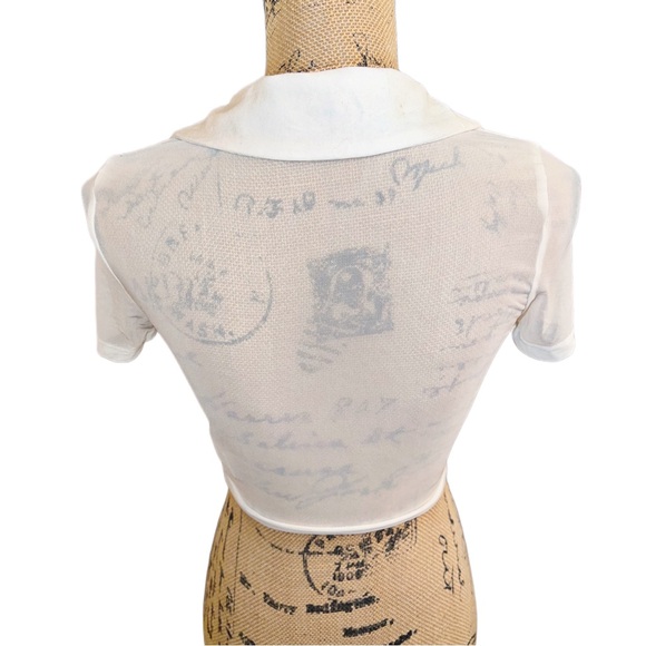 White Sheer Tie Front Deep V Collared Crop Top - Picture 2 of 5